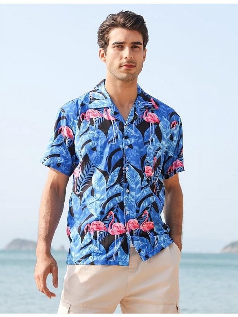 Men's Blue Flamingo Print Short Sleeve Button-Down Shirt